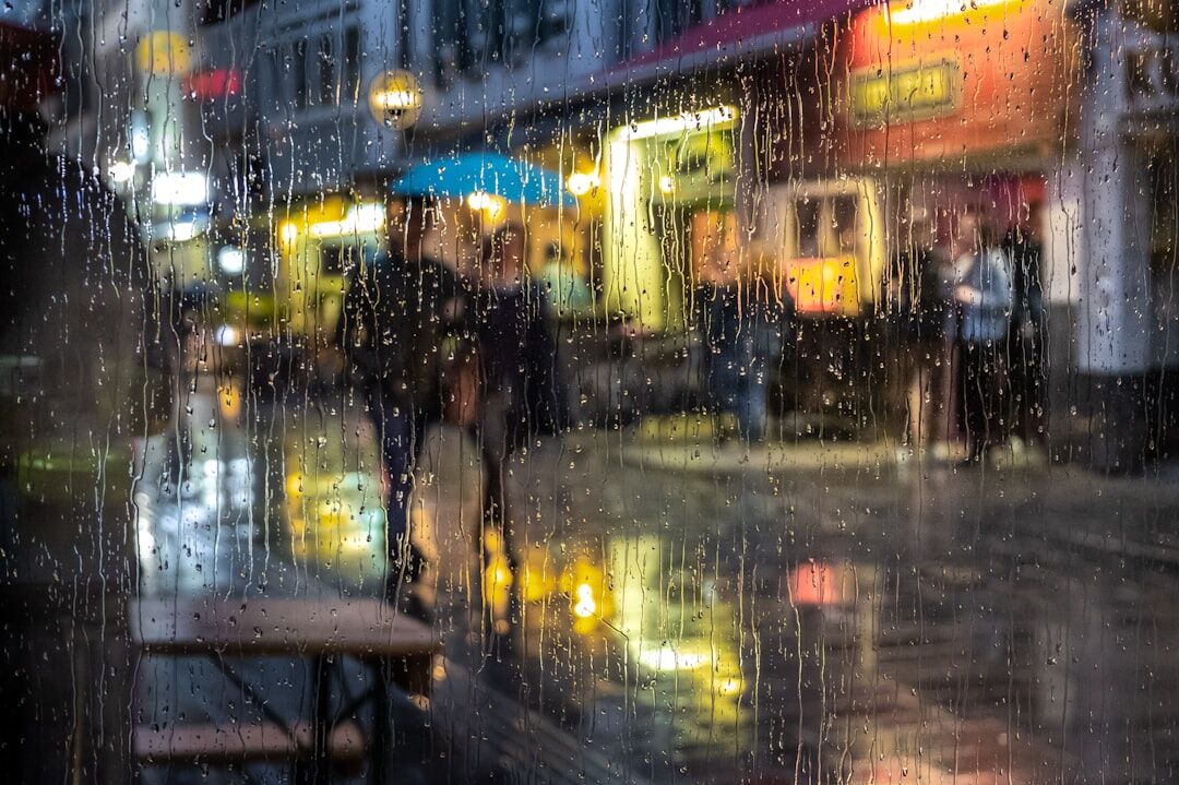 rainy city street at dusk